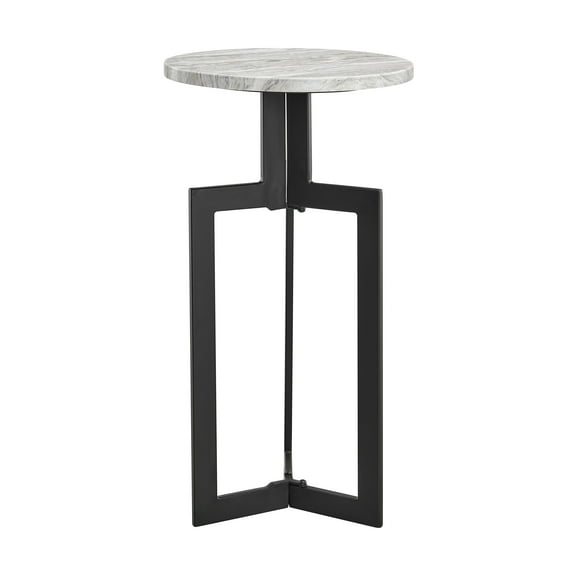 Black Metal Sculptural Pedestal & Faux Stone Tabletop Accent End Table