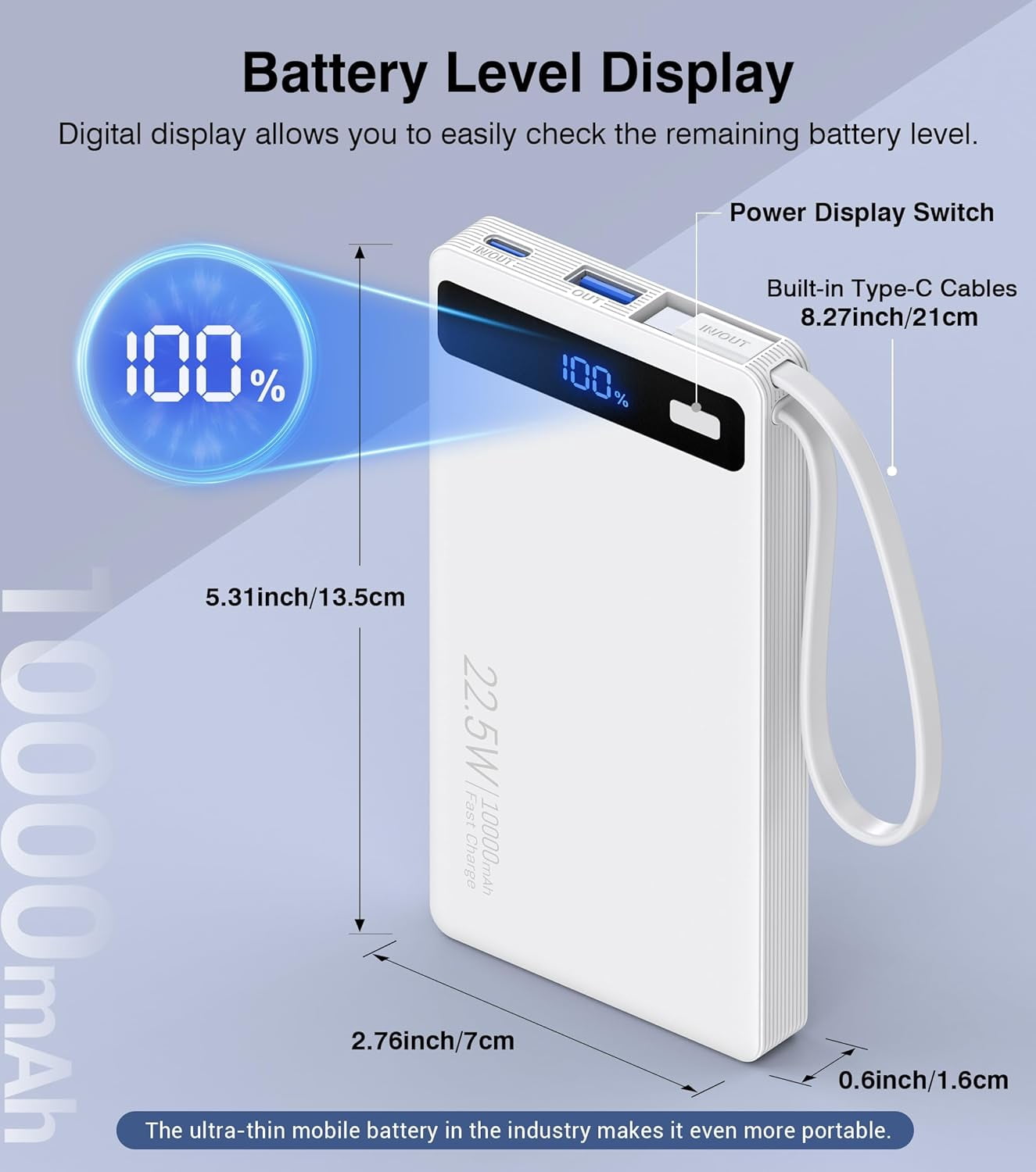10000mAh Power Bank with 2 Built-in Cables, 22.5W PD Fast Charging Slim Portable Charger for iPhone Samsung iPad White