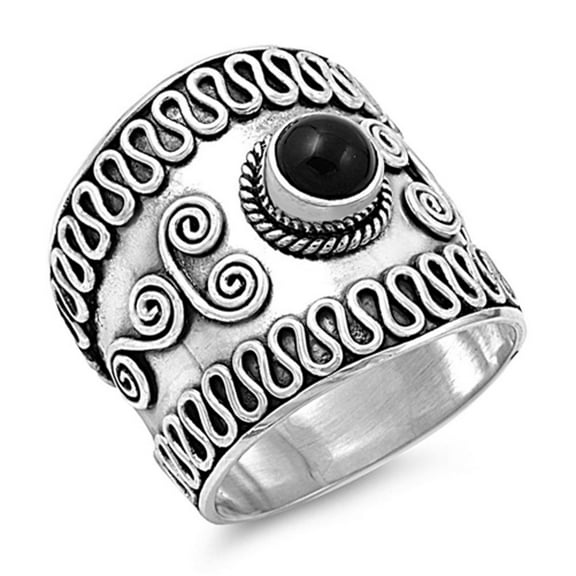 CHOOSE YOUR COLOR Sterling Silver Women's Bali Simulated Black Onyx Ring Band 20mm CZ Female Size 11
