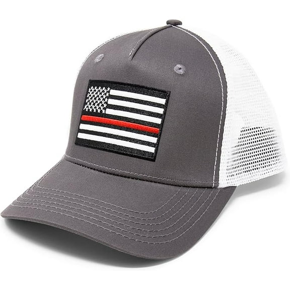 Thin Red Line Flag Hat for Men and Women – Snapback Trucker Baseball Cap by International Tie (Grey/White)