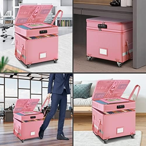 File Box with Lock,2-Layer Fireproof Document Box with Wheels,Collapsible Rolling File Storage Organizer with Pockets,Large Portable Home Office Filing Cabinet Safe for Hanging Folders,Pink