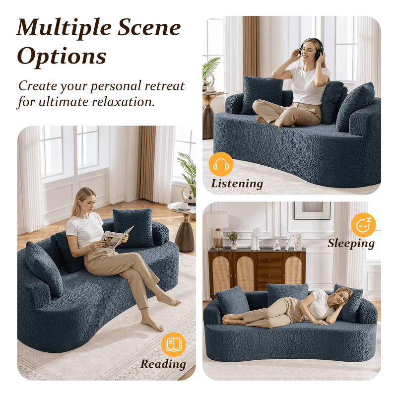 ATHOPE 86" Curved Cloud Couch, Boneless Sofa for Small Space, Plush Teddy Fabric Modern Couch with 3 Throw Pillows, Comfy Floor Love Seat for Living Room, Bedroom, Blue