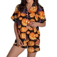 thumbnail image 2 of siminsem Womens Graphic Printed Satin Pajama Set Cute Short Sleeve Button Front Top with Matching Shorts 2 Piece Sleepwear Loungewear Cozy Night Outfit, Orange,L, 2 of 5