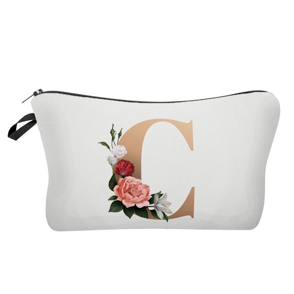 Penkiiy Small Letter Comestic Travel Bags for Women Alphabet with Flower Makeup Bag Portable Travel Stuff Bag Zipper Toiletry Pouch Personalized Gifts for Women