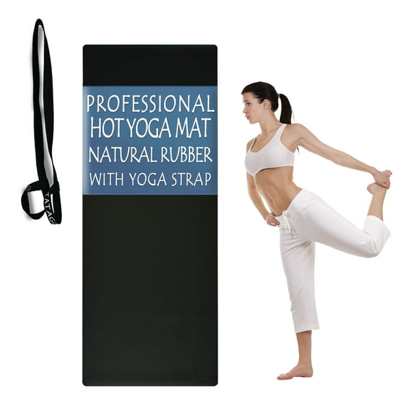 Tatago Hot Yoga Mat Non Slip Professional Grade Natural Rubber Pliates Mat for Hot and Sweaty Classes. Includes Yoga Strap