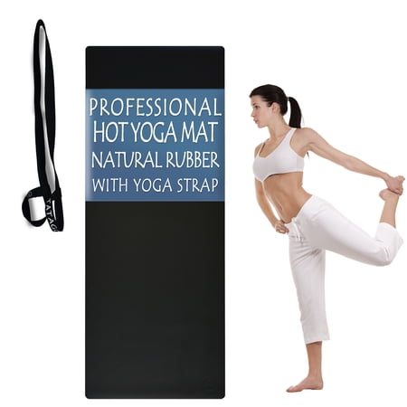 Tatago Hot Yoga Mat Non Slip Professional Grade Natural Rubber Pliates Mat for Hot and Sweaty Classes. Includes Yoga Strap