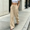 thumbnail image 5 of ZHYou No Boundarie Linen Pants for Women Wide Leg Drawstring Stretchy Waist Casual Loose Fit Lightweight Trousers with Pockets,Khaki,Size M, 5 of 6