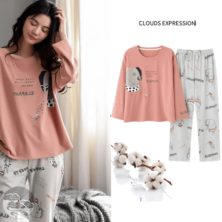 

QWZNDZGR Spring Autumn New 100%Cotton Elegant Women s Pajama Sets Pyjamas Cartoon Print Sleepwear Long Pijama Mujer Nightsuit Home Lounge