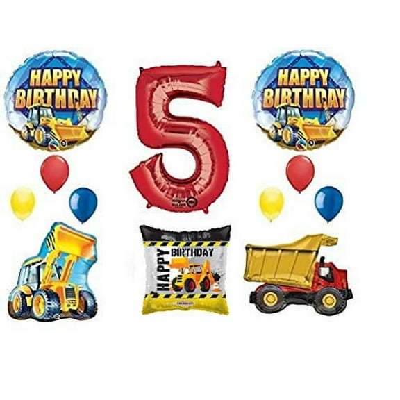 12pc new BALLOON set 5th fifth BIRTHDAY party ultimate CONSTRUCTION truck DUMP bulldozer TRACTOR gift FAVORS decorations PHOTO booth PROPS front end loader