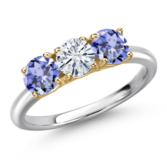 Gem Stone King 10K Two Tone Gold White Moissanite and Blue Tanzanite Engagement Ring for Women | 1.42 Cttw | Round 5MM | Gemstone Birthstone | Size 5