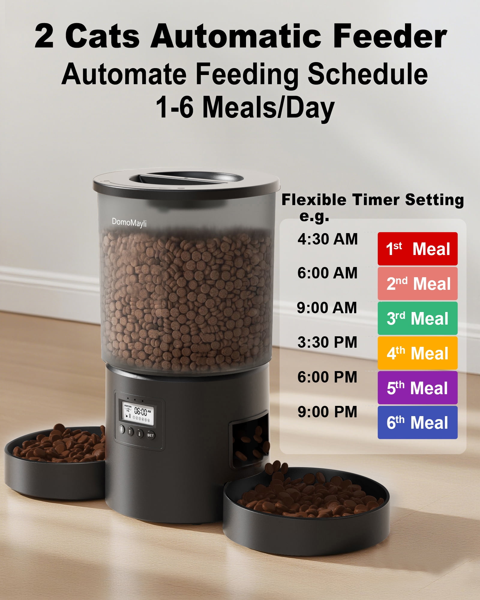 DomoMayli Automatic Dual Cats Feeder 2 Cats,Dual Power,Flexible Schedule Timer ,6 Meals 12 Portions Per Day nser 2 Cats,Flexible Schedule Auto Pet Feeder  double bowls,Timer 10S Voice Record