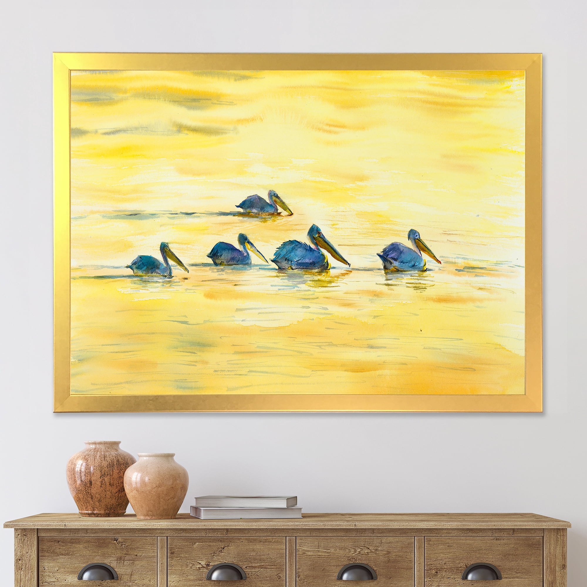 Designart 'Pelicans Birds On The Yellow River' Farmhouse Framed Art Print