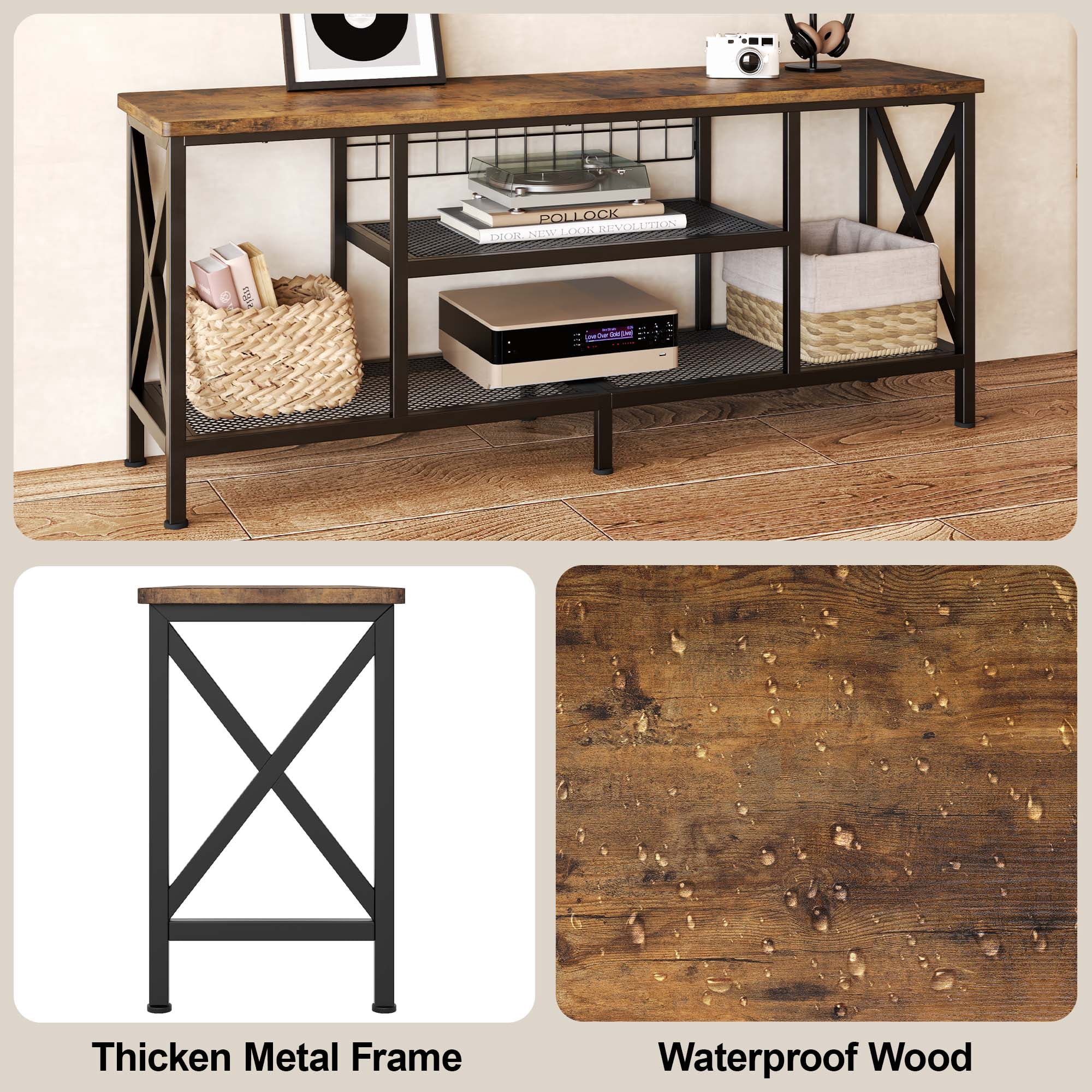 Aiho 59.8" Industrial 3-Tier Media Entertainment Center with Open Shelves & Metal Frame - Spacious TV Stand for 55-65 Inch TVs, Versatile Sofa Table for Living Room, Bedroom, Office - Rustic Brown