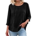 thumbnail image 4 of Loose Fit Women's Linen-Cotton Tops Round Neck 3/4 Sleeve Side Pocket Blouses Lightweight Breathable Spring Summer Casual Daily Wear, 4 of 7