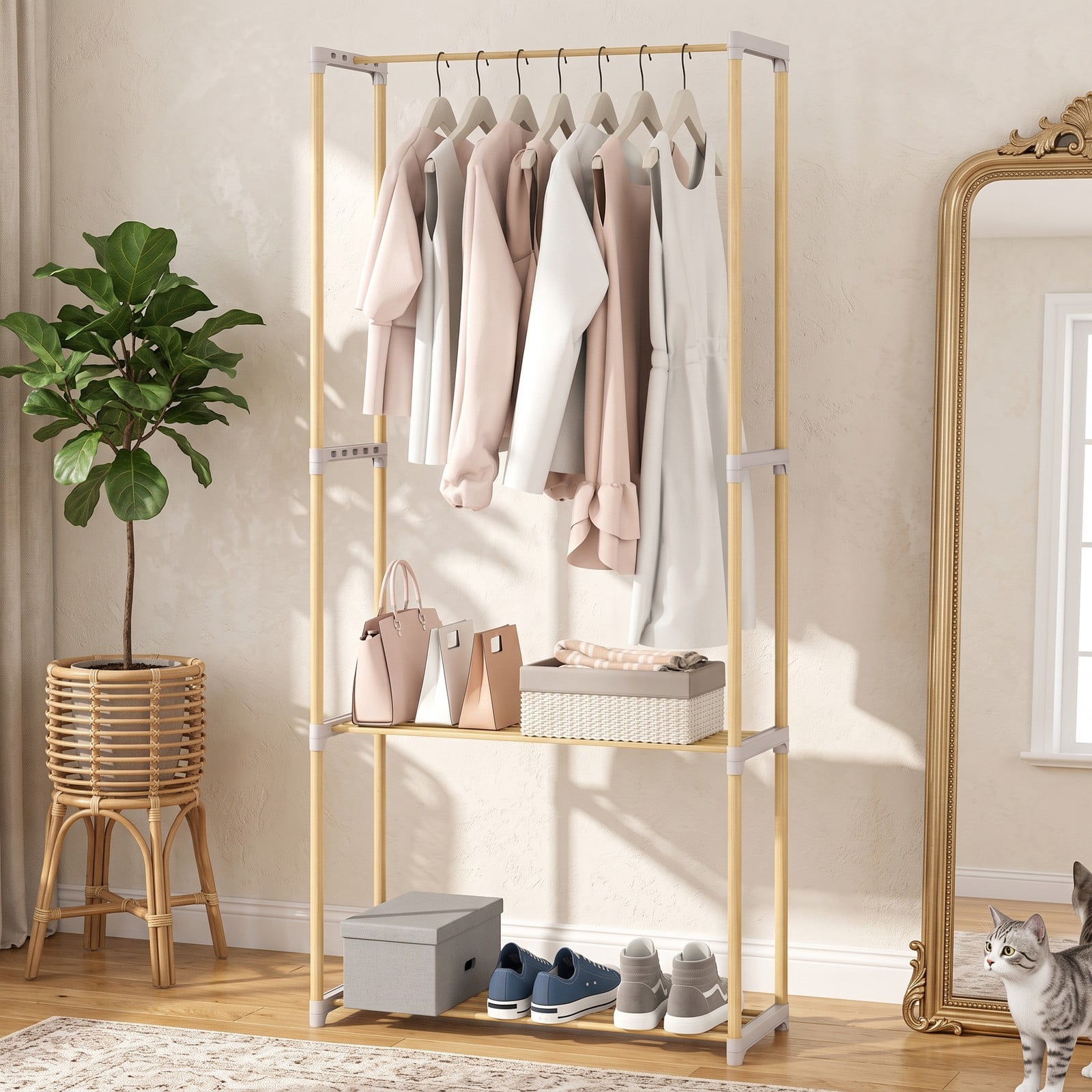 Furnibear Pine Wood Clothes Rack with 2-Tier Open Storage Shelf for Hanging Clothes in Bedroom Hallway and Closet, Natural and Gray