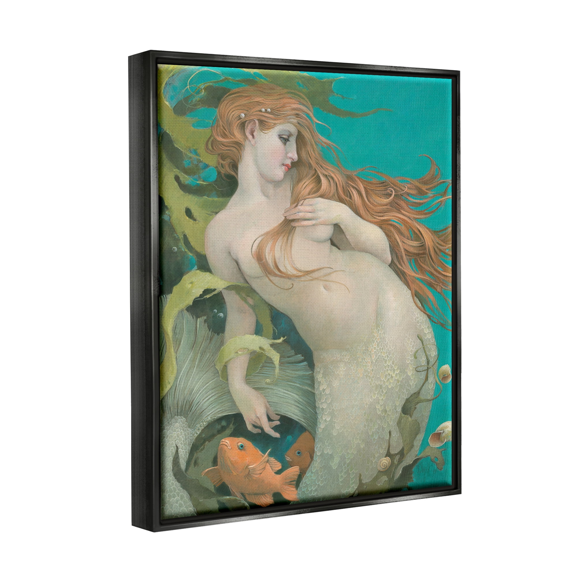 Stupell Industries Mermaid & Fish Underwater Fairy Tales & Fantasy Painting Black Floater Framed Art Print Wall Art, 17 x 21