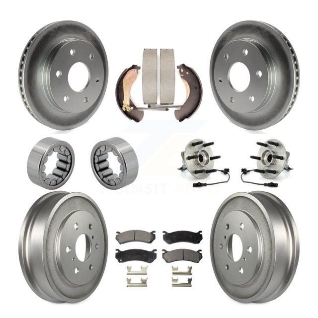 Transit Auto Front Rear Hub Bearing Coated Disc Brake Rotor and Ceramic Pad Shoe Kit (10Pc) for Car 2007 Chevrolet Silverado 1500 4WD with rear brakes with 8-1 2" or 8-5 8" Ring Gear - KBB-112490