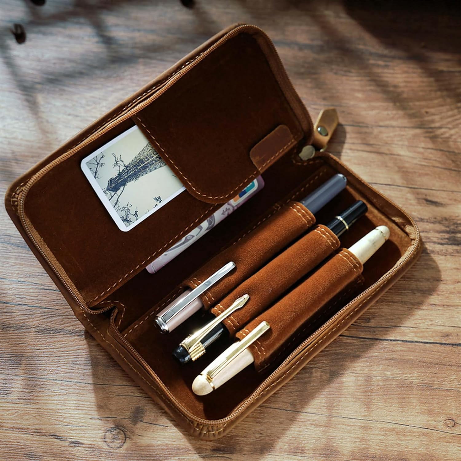 ABPETE Vintage Leather Fountain Pen Case 3 Divided Slots, Zippered Pen Case Pouch, Handmade Display Holder for Rollerball Pen (Brown)