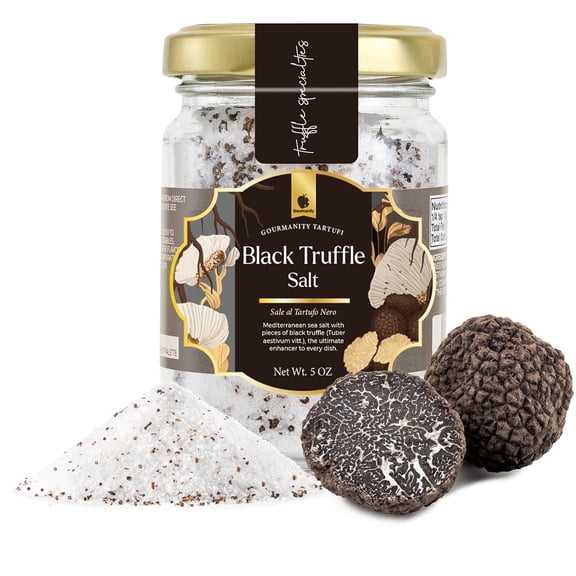 Gourmanity Black Truffle Salt, Coarse Mediterranean Sea Salt with Black Truffle Flakes (Tuber Melanosporum Vitt.), Use as a truffle seasoning, Product of Italy, 5oz Jar