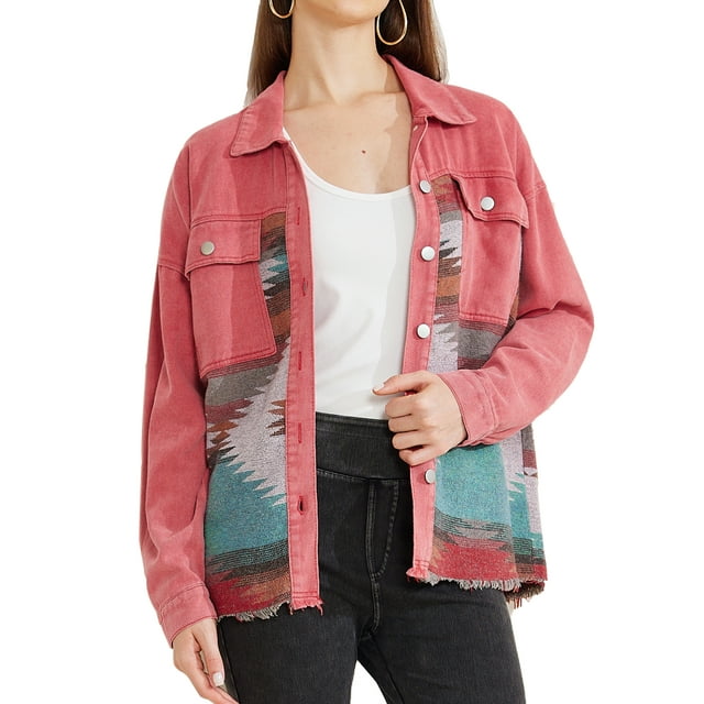 CHAQUETA DE DENIM PARA MUJER INSPIRADA CHIC, CON SOLAPA, MANGA LARGA, ESTILO VINTAGE, COLOR ROSA M