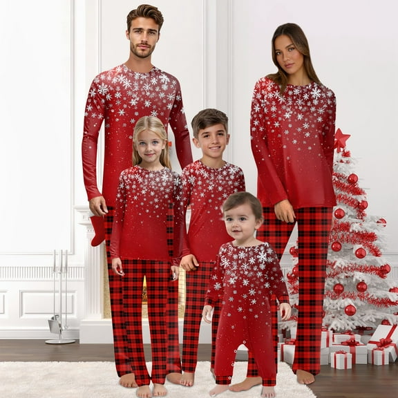 Onlypjs Matching Family Christmas Pajamas Set for Men, Women and Couples – Red Snowflake Tops & Plaid Pants Holiday Sleepwear