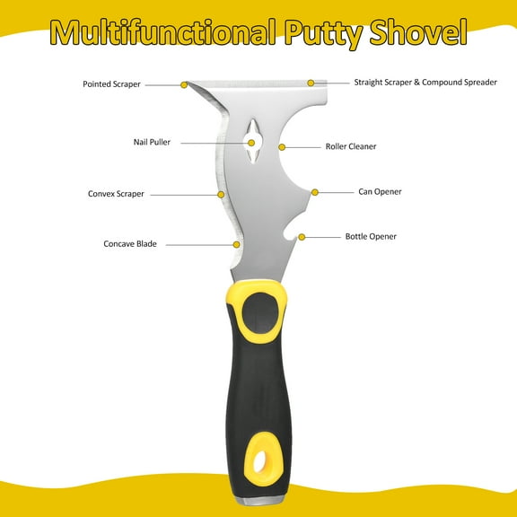 Putty 420 Stainless Steel Multifunctional Putty Shovel With Two-Color Anti-Slip Handle, Paint Scraper 10 In 1 Putty Knife Multi-Use Painters Tool, Taping Knife, Paint Scraper Tool