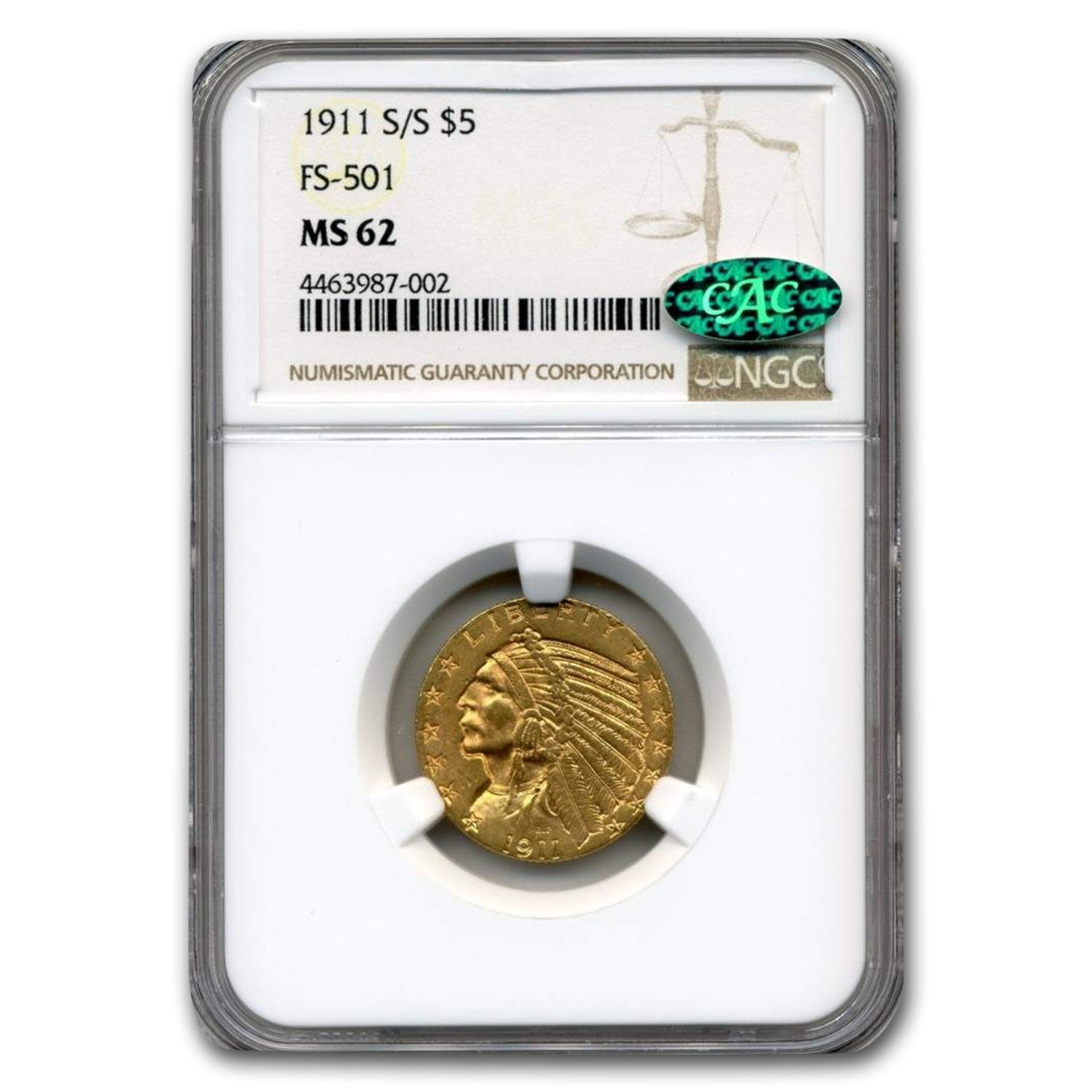 1911-S/S $5 Indian Gold Half Eagle MS-62 NGC CAC - Walmart.com