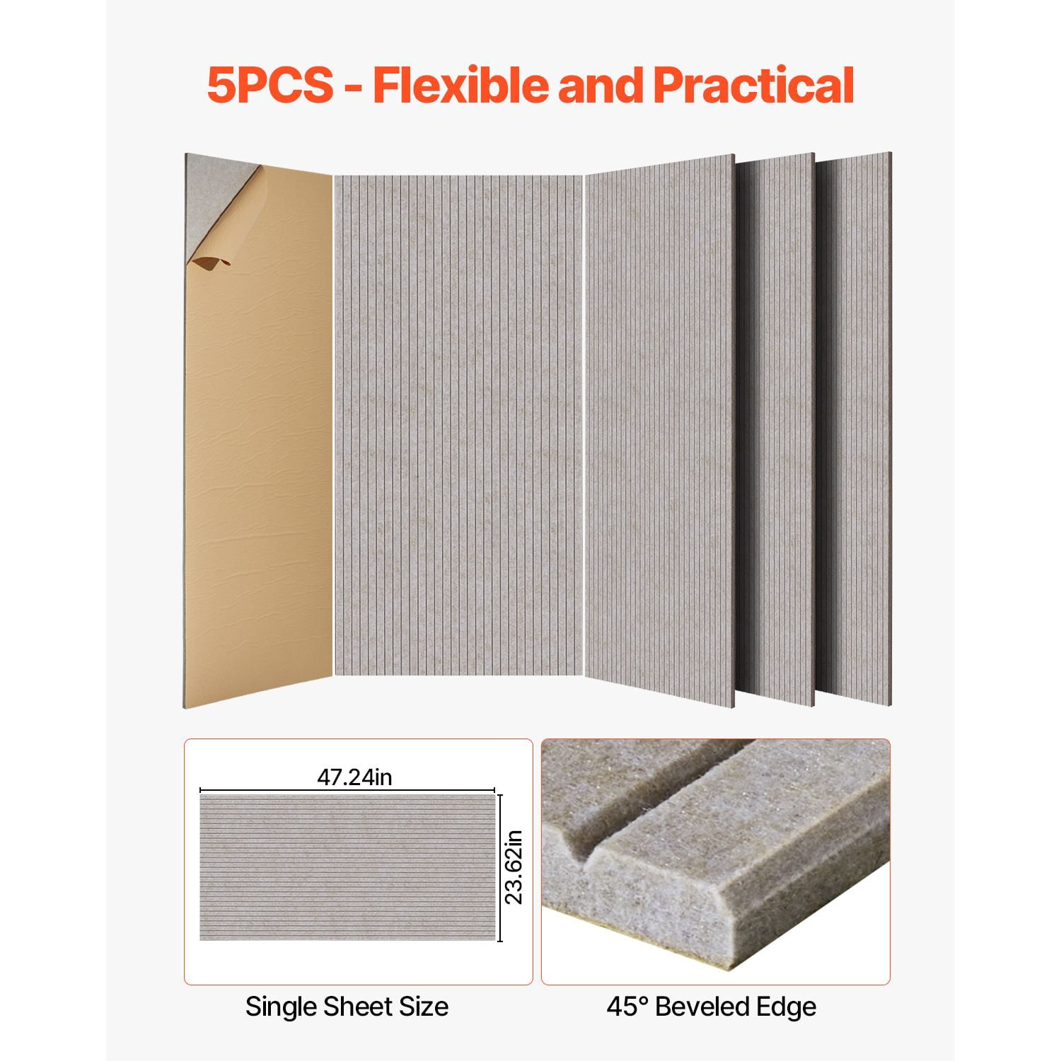 5 Pack Acoustic Panels with Self Adhesive, 47.2 x 23.6 x 0.4 inch Sound Proof Foam Panels, Polyester Fiber Soundproof Wall Panels High Density, for Home, Studio, Office, Theater, Camel
