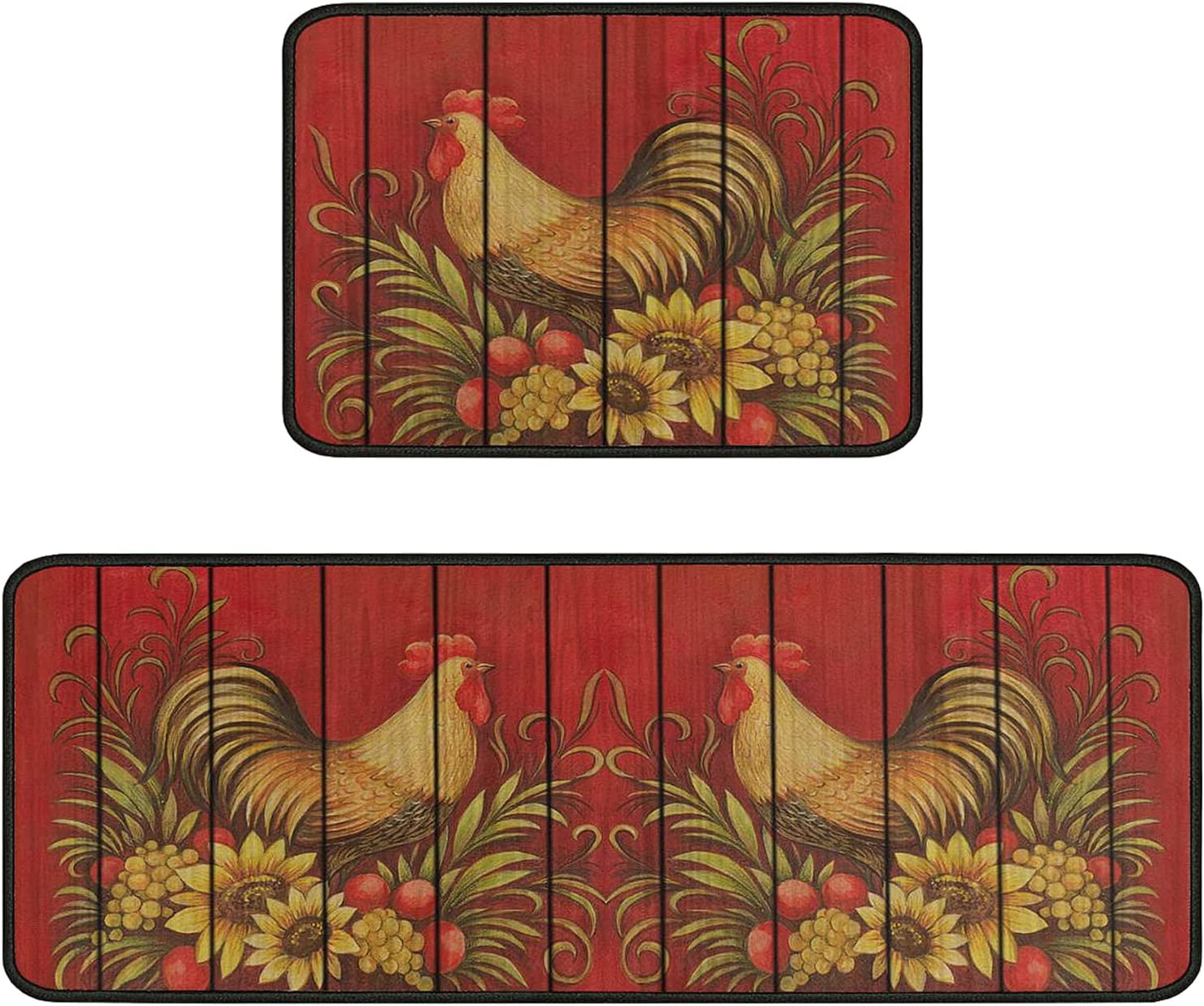 Rooster Kitchen Rugs and Mats Sets of 2,Red Farmhouse Kitchen