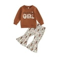 thumbnail image 2 of Elippeo Toddler Girl Western Clothes 6M 12M 18M 24M 3Y 4Y Letter Print Round Neck Long Sleeve Pullover Cattle Pattern Flare Pants Outfit, 2 of 10