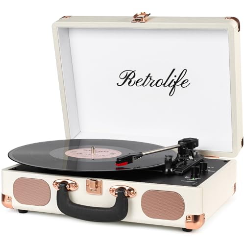 Tocadiscos Tocadiscos de Vinilo Maleta de 3 velocidades Tocadiscos portátil accionado por Correa con Altavoces Integrados Salida de línea RCA Entrada Auxiliar Conector para Auriculares Blanco Vintage