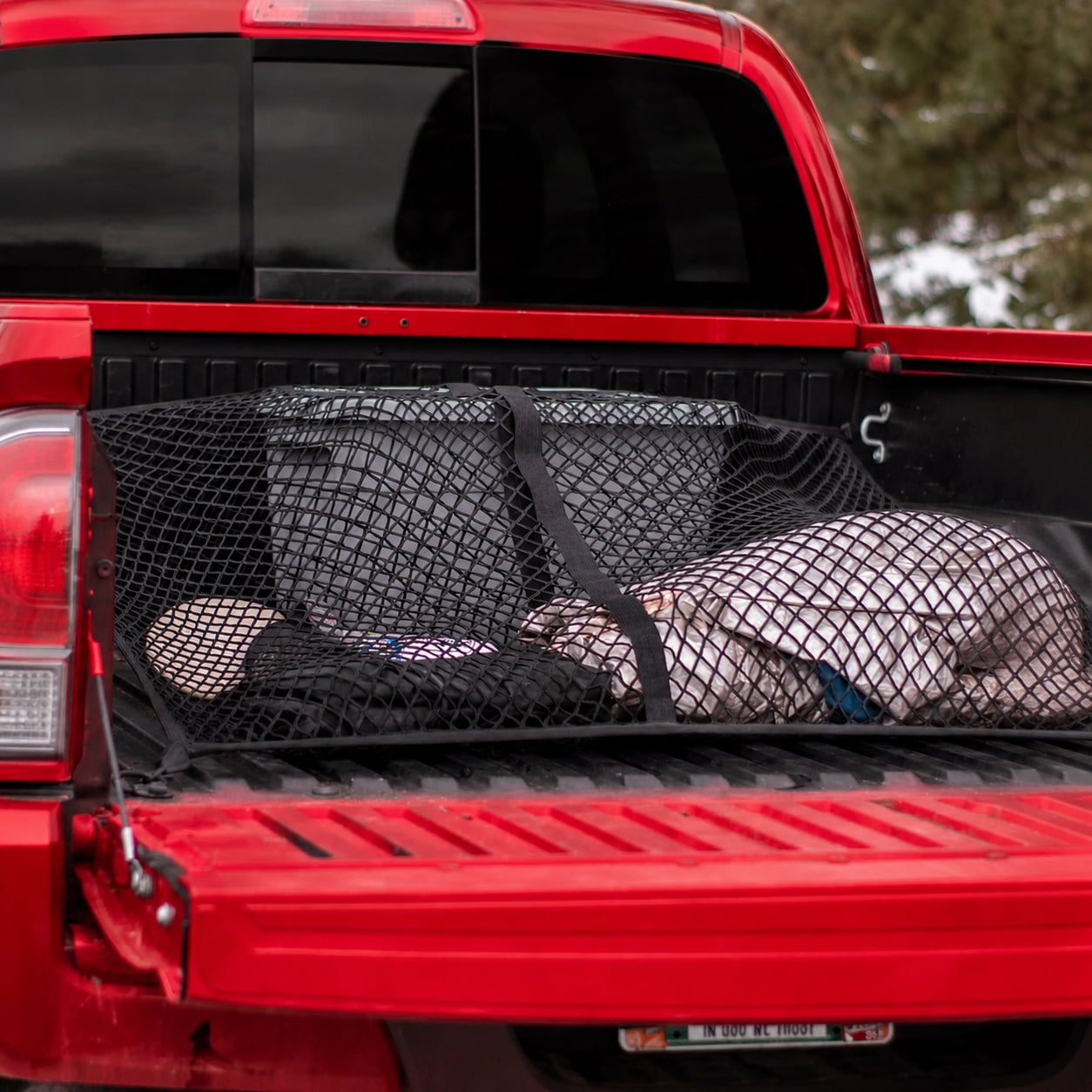 Heavy Duty Elastic Cargo Net 4'x4' (Stretches to 7'x7') , Double Layer Truck Bed Mesh Organizer for Pickup, SUV, ATV , Secures Luggage, Tools, Camping Gear , Weatherproof Bungee Tie Down Net