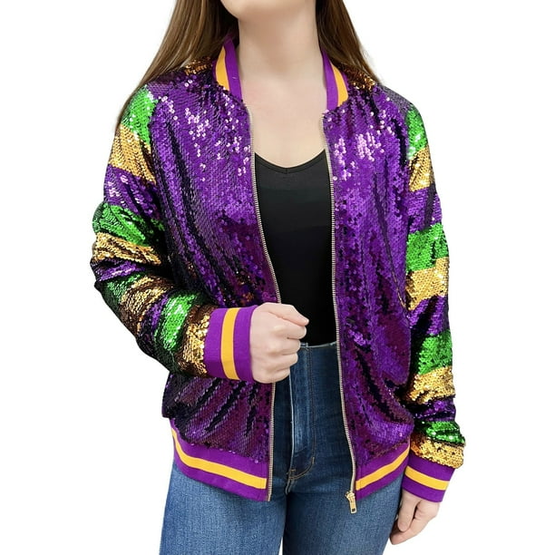 Hzongs Mardi Gras Sequin Jacket For Women - Sparkly Glitter Long Sleeve Zipper Jacket For Carnival, Parties & Festivals