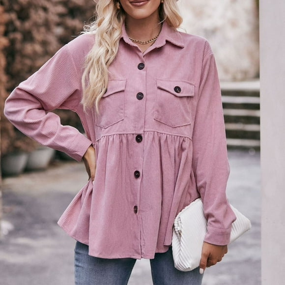 Meichang Womens Corduroy Peplum Shacket Jacket Long Sleeve Button Down Babydoll Shirts Oversized Casual Loose Fit Work Blouses Tops