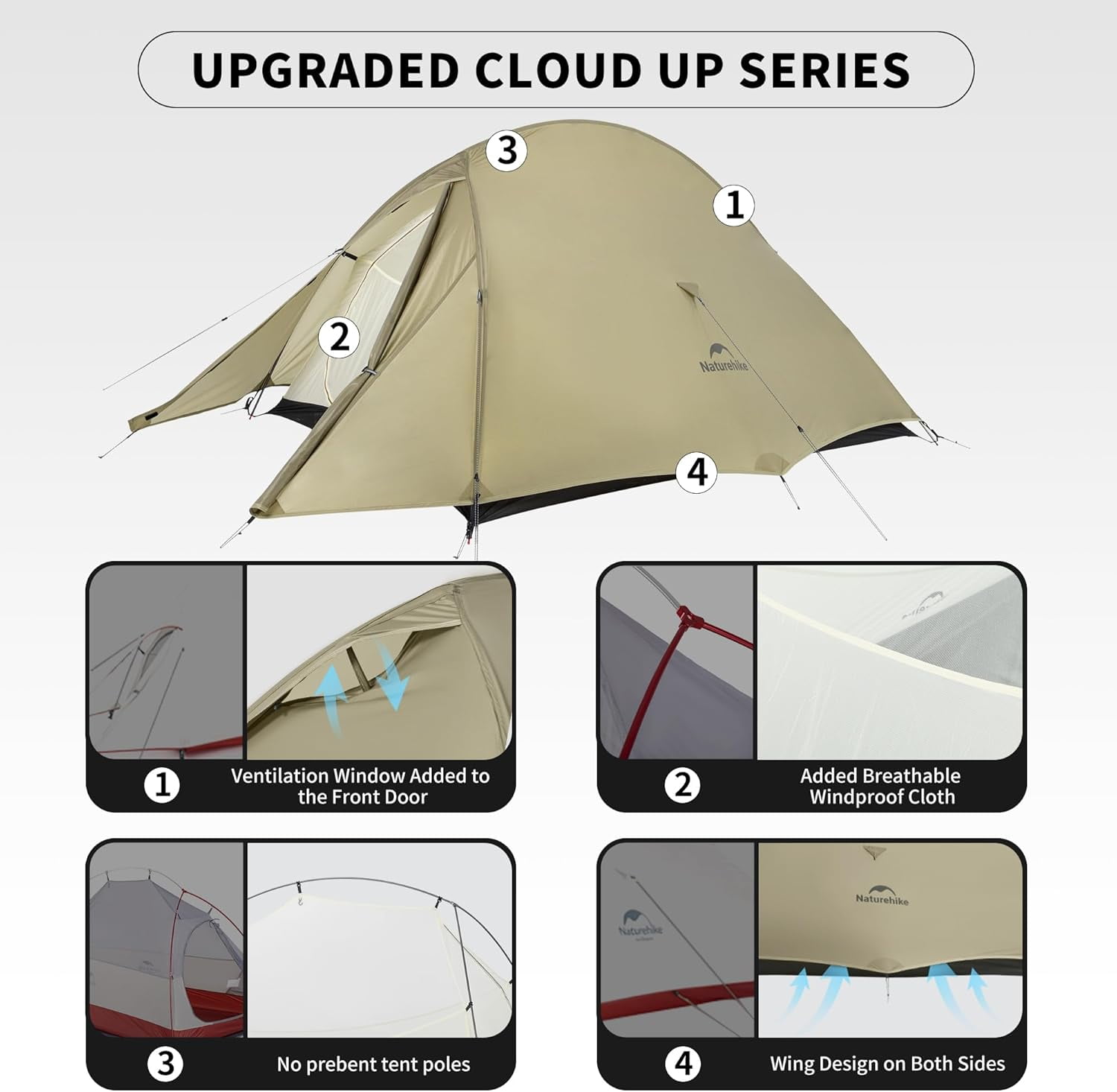 Naturehike 2 Person Tent Lightweight Backpacking Tent with Footprint - Free Standing Ultralight Camping Hiking Backpack Tents, 7.22×5.25ft, Sand