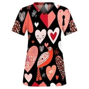 Uheoun Women's Working Uniform with Two Pocket V Neck Scrub Top Love Heart Print Short Sleeve Shirt for Valentine's Day