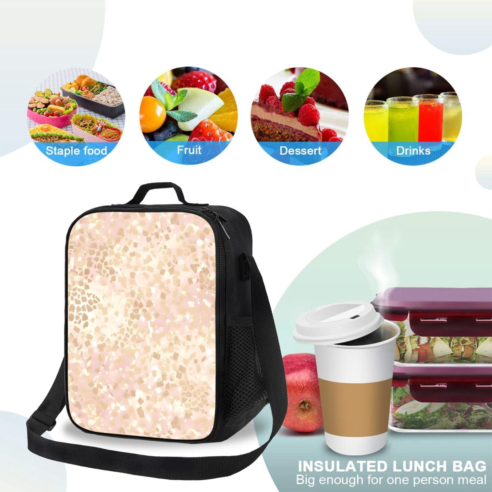 Thermal Insulation One Shoulder Portable Bento Bag Can Be Reused 8×10.5in For Carrying Drinks Bento Box Fruit Snacks Rose Gold Foil Leopard Print_12