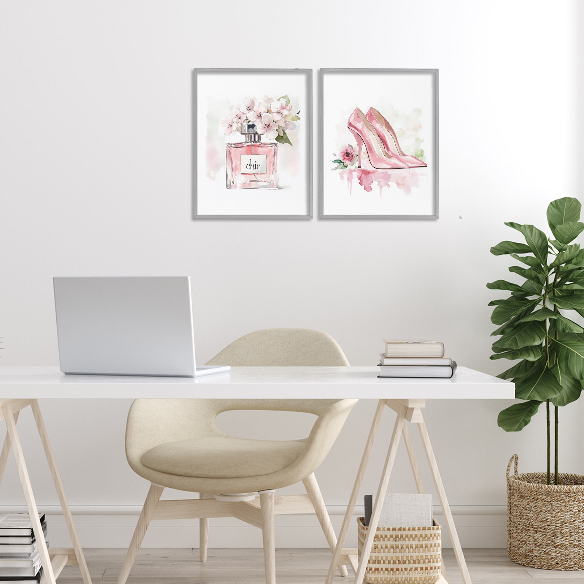Rosy Pastel Perfume & Heels 2 Piece Gray Framed Giclee Art Set, design by Christine Simpson Art