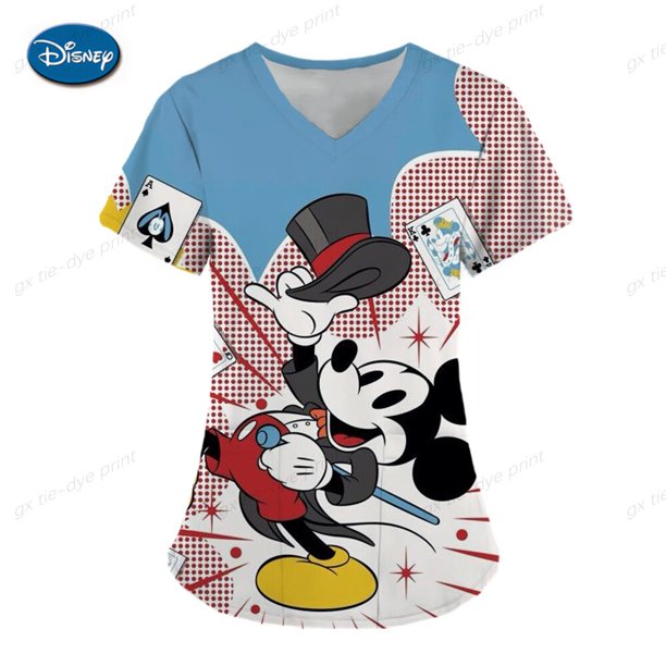 Medical Worker Nursing Uniform Women Disney Minnie Mickey Mouse Print Nurses Uniform Short Sleeve V-neck Top Working UniformeL Gao Jinjia LED