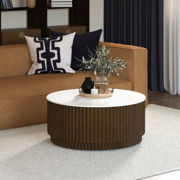 Ox Bay Cheyenne Round Solid Wood/Marble Coffee Table with Brown Finish, Brown/White Contemporary Style, 36" x 36" x 18"