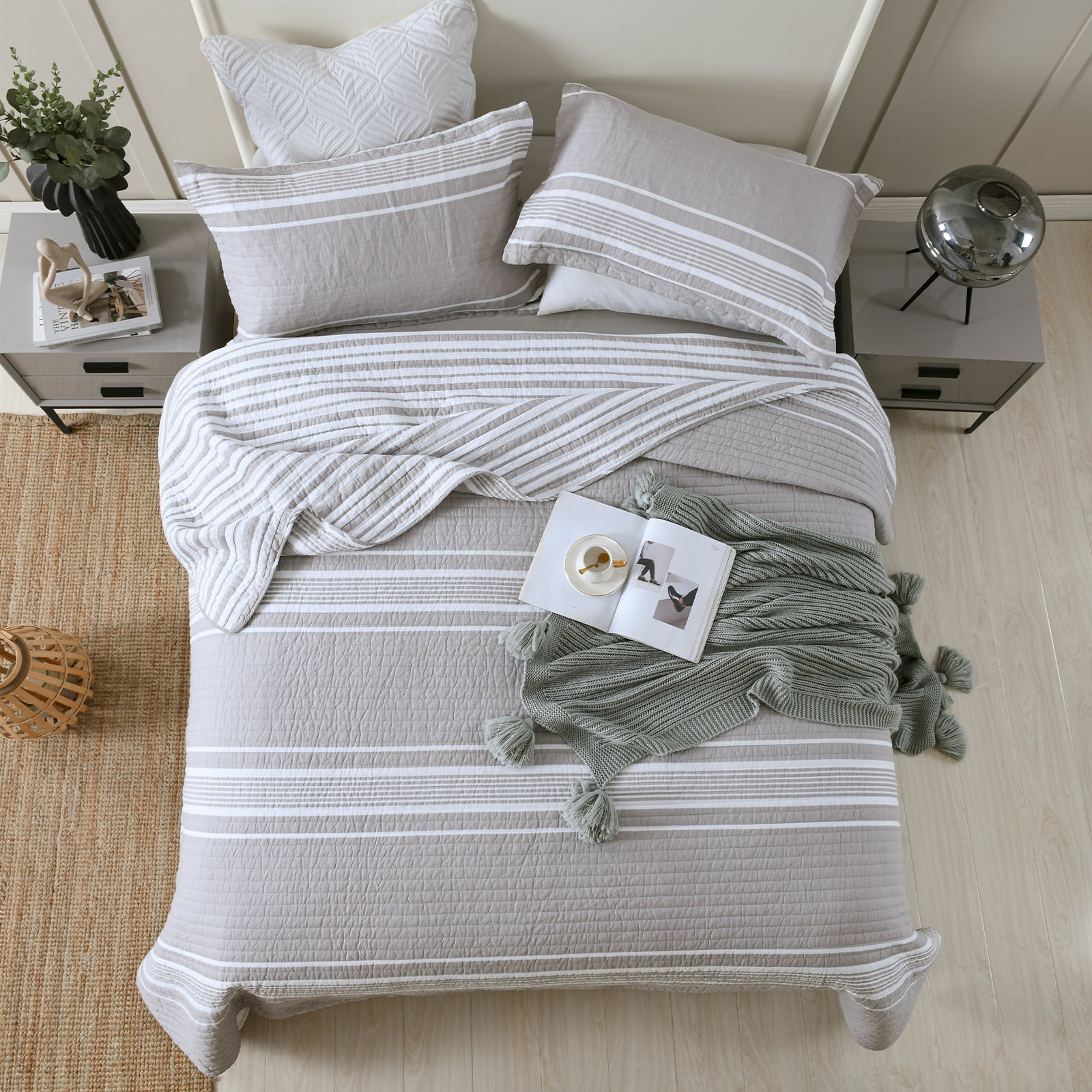 Y-PLWOMEN 100% Cotton Quilt Queen Size - Gray Quilt White Striped Lightweight Quilted Bedspread, Queen Comforter Set, Soft Bed Spread for Queen Bed with Pillow Shams