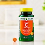 Spring Valley Vitamin C Dietary Supplement, Orange Flavor, 500 mg, 60 Count, Chewable Tablets