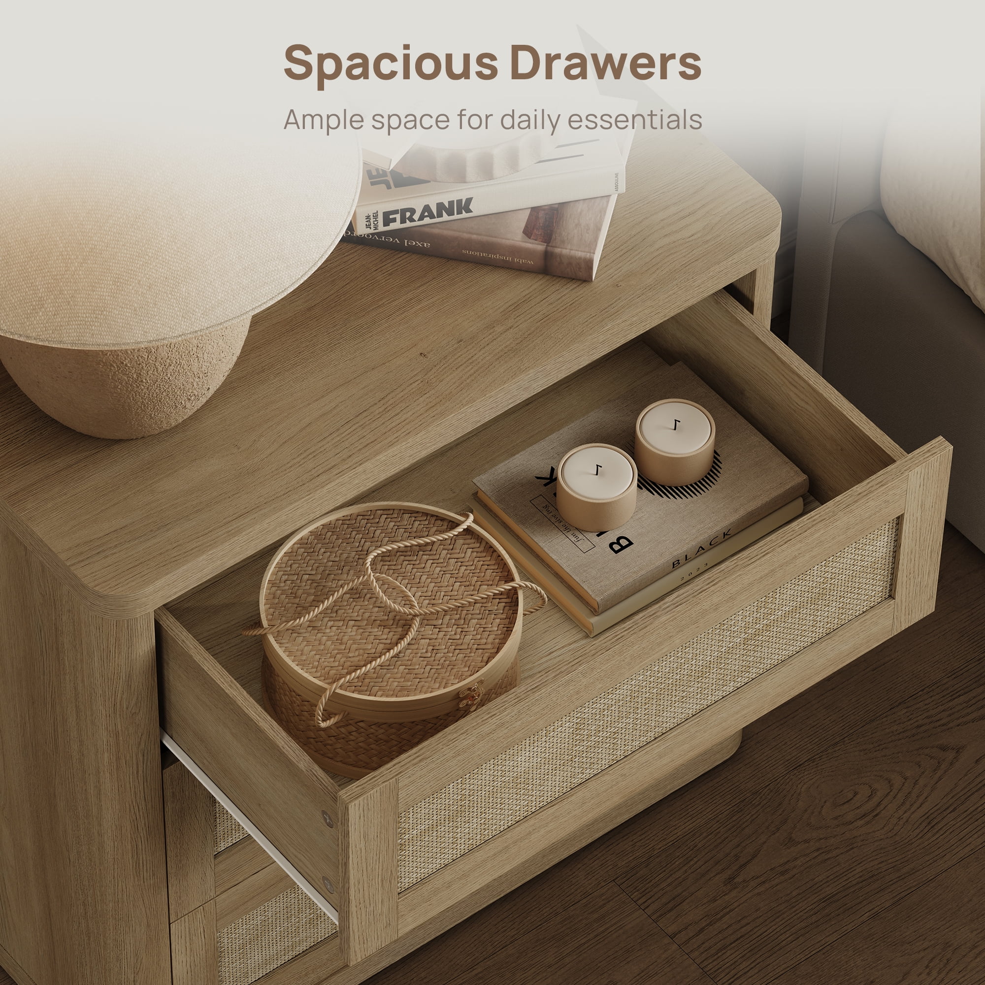 SICOTAS 26.77"W Boho 3-Drawer Nightstand, Curved Rattan Nightstand Dresser with Pop-up Drawers & Slide Rails, Farmhouse Bedside Table, End Side Table for Bedroom, Living Room, Natural Oak