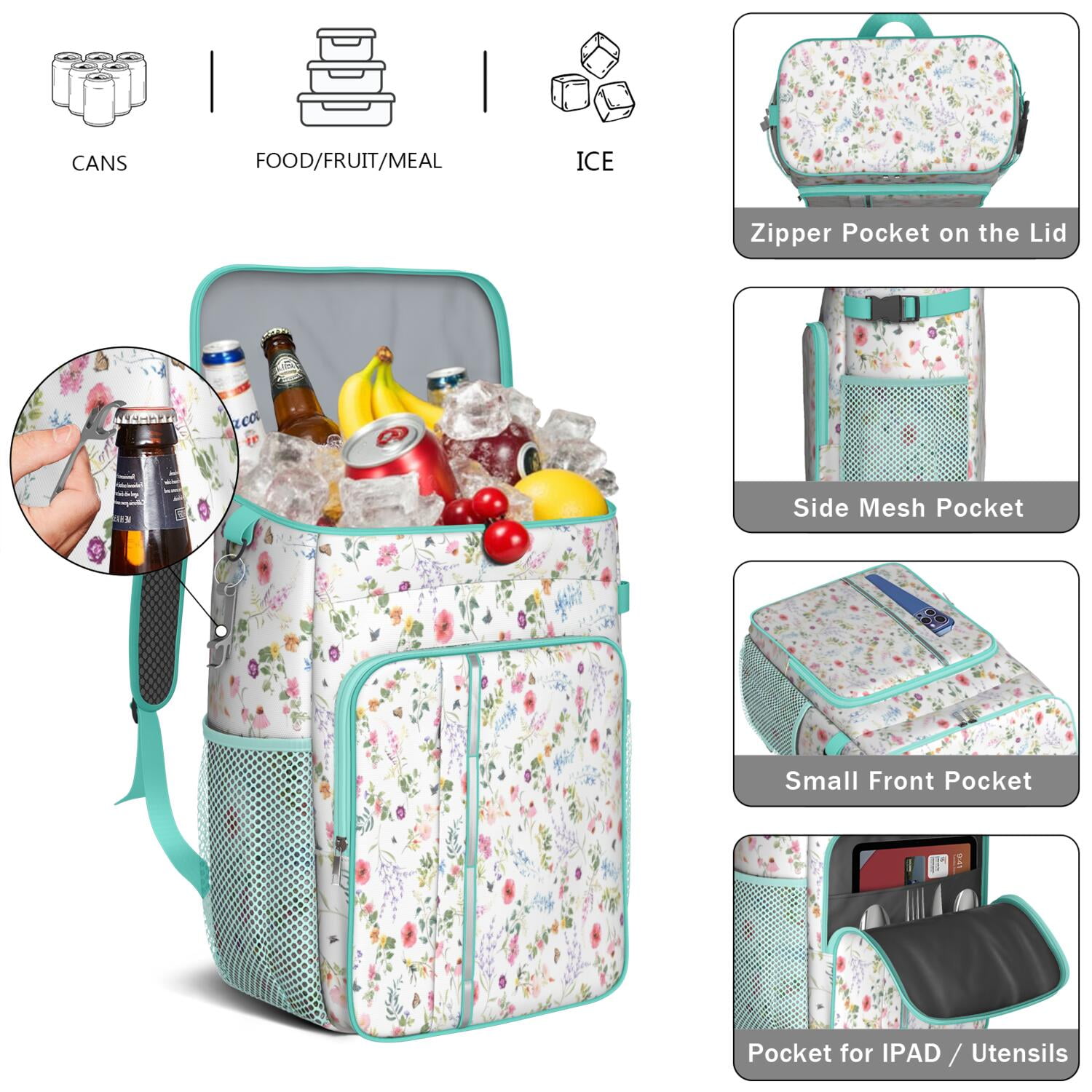 Travel Cooler Bag - Pioneer Flower Floral Print Pattern Camping Beer Cooler Backpack with Bottle Opener- Waterproof Insulated Picnic Backpacks - Cooler Bag for Beach