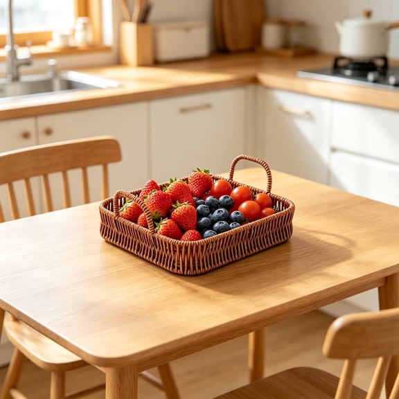 Square Woven Plastic Storage Basket S 8.07x8.07 Inches, Decorative Bathroom Organizer Tray, Kitchen Counter Fruit Snack Basket Home Decor