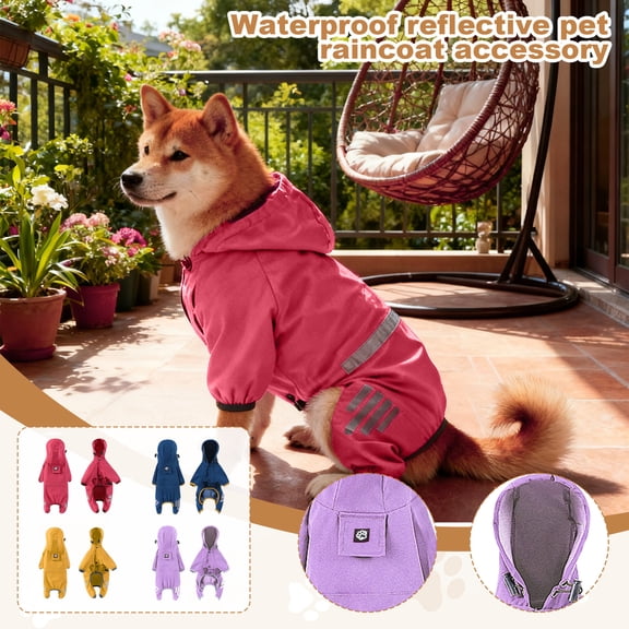 Reflective Four-Legged Dog Raincoat Hooded Waterproof Pet Safety Jacket for Rainy Day Outdoor Walks and Hiking, Purple Size M