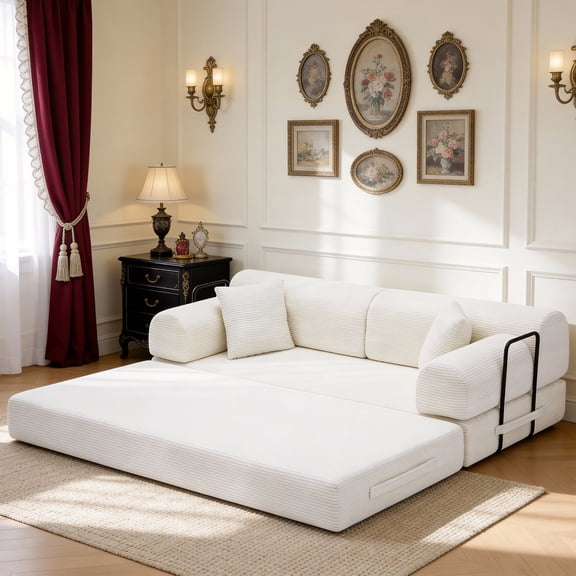 Leumius 79" Convertible Futon Sofa Bed, Boneless Couch for Living Room, Corduroy Folding Mattress Couch with Fixed-Shape Frame, Floor Sofa Lounge Couch with 2 Pillows, No Assembly,Beige
