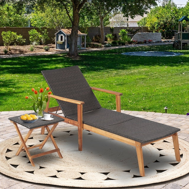 Costway 2PCS Patio Rattan Lounge Chair Chaise Recliner Wood Back Adjust W/Folding Table