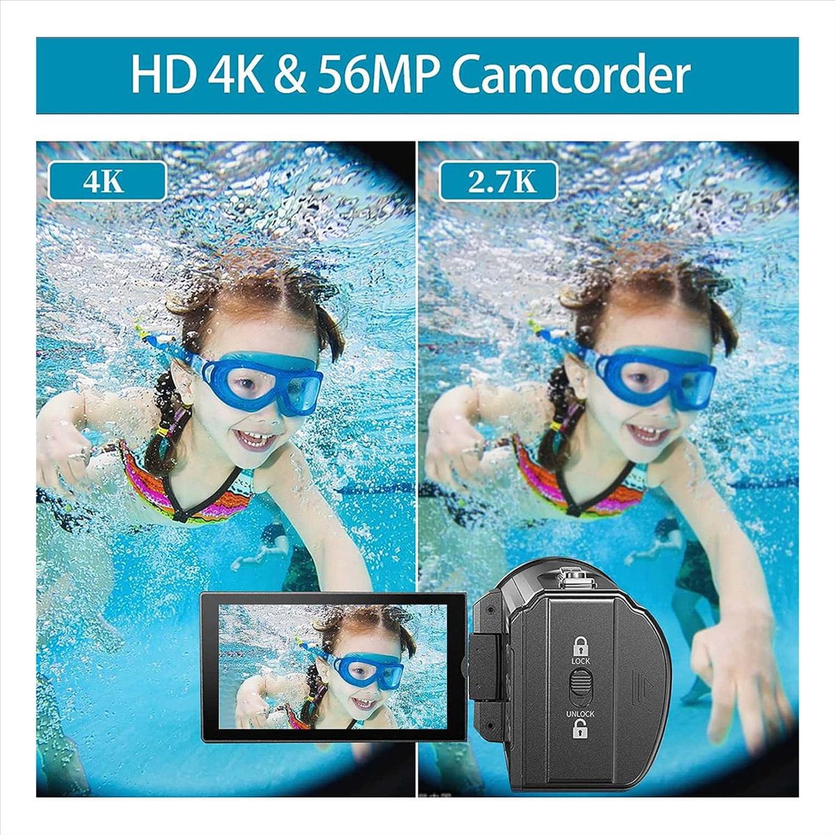 Video Camcorder Camera 4K Ultra HD 56MP 30FPS Camera, 18X Digital Zoom Waterproof for