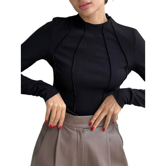 Sedceaty Women's Spring Autumn Slim Tops Solid Color Long Sleeve Half High Neck Ribbed Blouse